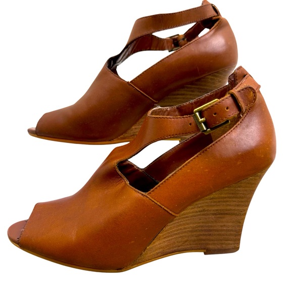 Ralph Lauren Shoes - Ralph Lauren Hannie Brown T Strap‎ Peep Toe Wedge Sandals Leather Sz 8.5
